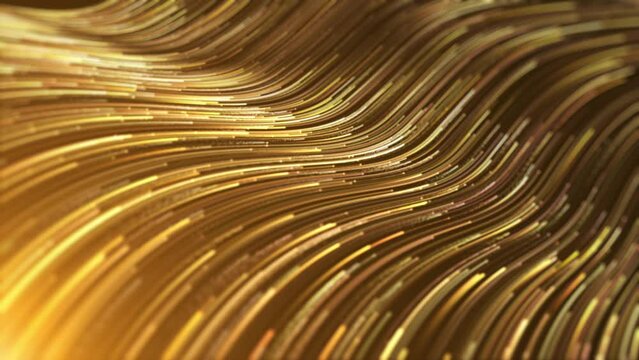 Luxury golden particle light flow, gold particle stripes. Golden stream with striped, flowing neon curve lines background.
