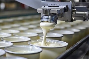 Process of pouring yogurt into a cup using an automated robotic line made of natural dairy products.