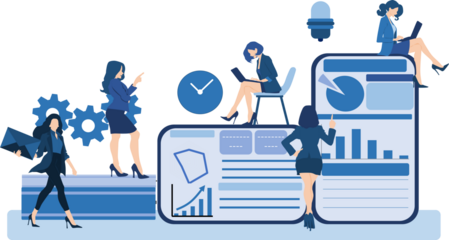 タブレットのあるオフィスで仕事をする女性実業家のイラスト