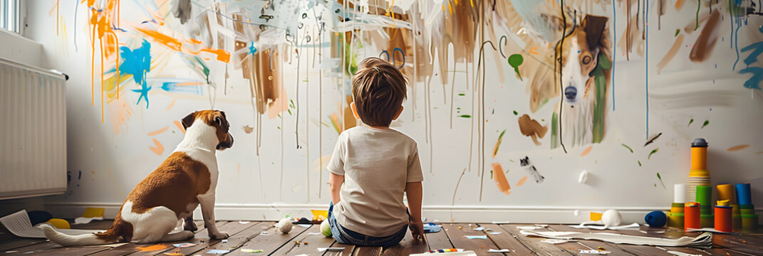 Boy and his dog looking at a wall full of children's doodles and paintings. Messy living room. Concept of children's creativity and mischief of kids and pets. 