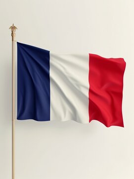 3D render of French Flag on a blank backdrop, flying on a pole for National Day, representing the nation on rippling fabric.