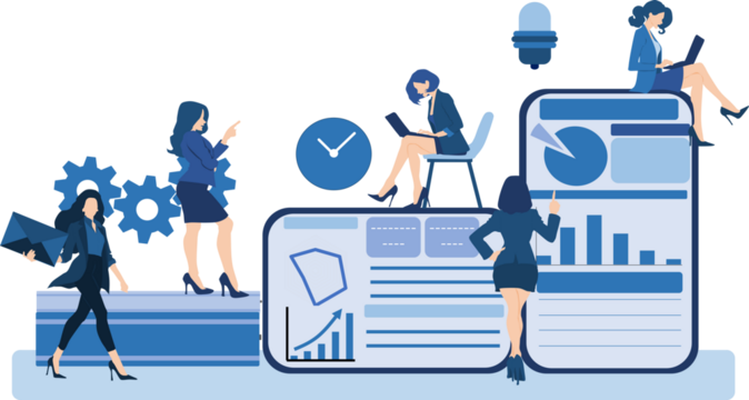 タブレットのあるオフィスで仕事をする女性実業家のイラスト