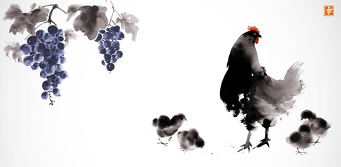 Ink painting of hanging grapes above a hen with chicks. Traditional oriental ink painting sumi-e, u-sin, go-hua. Hieroglyph - happiness. - 745039536