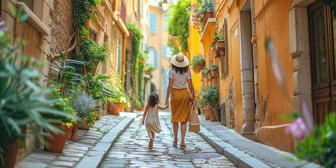 A female traveler and her child strolling through the narrow alleys of Nice, France. Experience a family vacation.