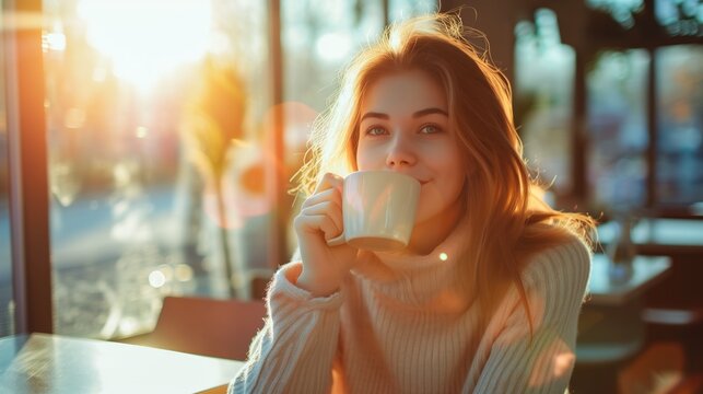 Young woman enjoying a cup of coffee at cafe. Smiling pretty girl drinking hot tea, Female in a cafe drinking coffee, generative ai