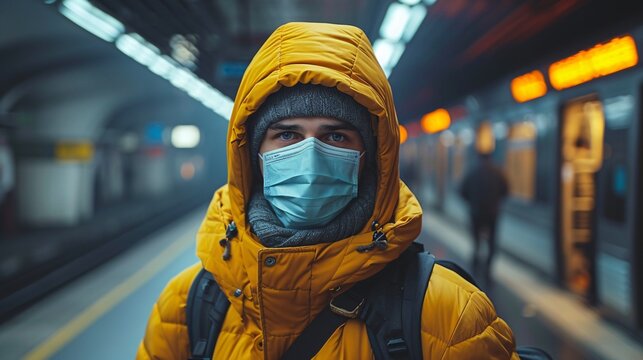 A masked man awaits the train at the train station to prevent the spread of a contagious virus.