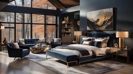A sophisticated bedroom with elegant navy blue bedding and gold accents