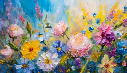 Oil painting of beautiful wild flowers. Floral abstract art. Spring season.