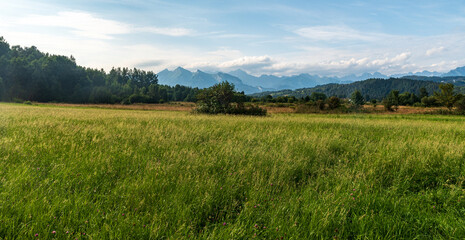 View to Tatra mountains from Sarnowska Grapa hill aboeve Jurgow village in Poland - obrazy, fototapety, plakaty