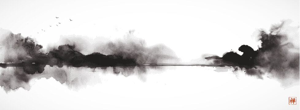 Ink wash painting of a misty landscape with trees, birds, and lake in grayscale. Traditional oriental ink painting sumi-e, u-sin, go-hua. Translation of hieroglyph - zen