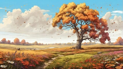 beautiful garden illustration in autumn made by AI generative
