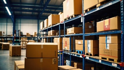 Cardboard boxes and Parcels on the Shelf at the Warehouse