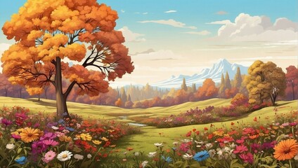 beautiful garden illustration in autumn made by AI generative