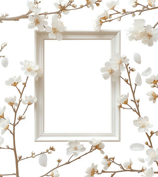 Vertical photo frame with a white cherry blossom, Decorative your picture with floral vintage style, AI generated, PNG transparent