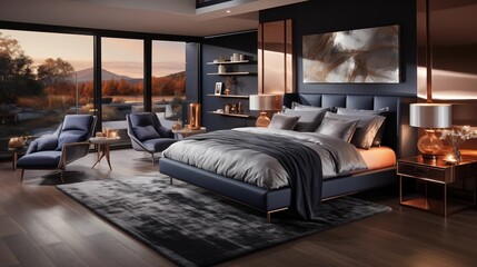 A sophisticated bedroom with elegant navy blue bedding and rose gold accents