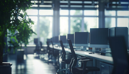 an empty office space with multiple desks - obrazy, fototapety, plakaty