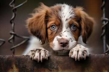Portrait of a cute stray puppy who leans his paws on a rusty piece of iron and looks with sad eyes - obrazy, fototapety, plakaty