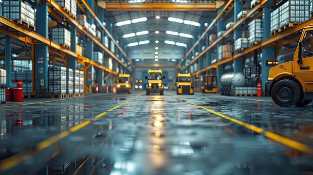 2d flor plan of factory seen from bird view, high view, workers, forklifts, trucks