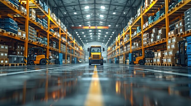 2d flor plan of factory seen from bird view, high view, workers, forklifts, trucks