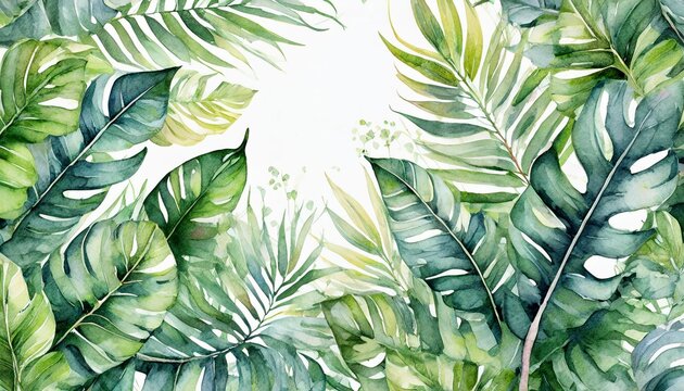 Watercolor illustration of tropical leaves frame on white.