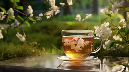 Glass cup with natural jasmine tea on wooden table among blooming jasmine branches outdoor in...