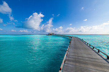 Amazing sea bay relax sky exotic coastal landscape Maldives beach. Tropical azure blue seascape, luxury water villa resort wooden pathway jetty. Stunning travel destination summer vacation tourism - 745041137