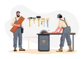 Carpenters with furniture. Vector of worker and craftsman