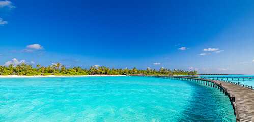 Amazing sea bay relax sky exotic coastal landscape Maldives beach. Tropical azure blue seascape,...