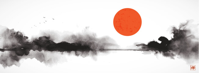 Ink wash painting of a misty sunrise andscape with big red sun over trees, birds, and lake. Traditional oriental ink painting sumi-e, u-sin, go-hua. Translation of hieroglyph - zen - obrazy, fototapety, plakaty