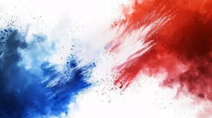 Vibrant French tricolor powder burst on a white background, representing the country's culture and sports. - obrazy, fototapety, plakaty