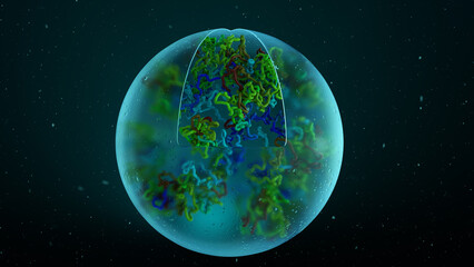 3d Illustration showing how DNA molecules are packed up into chromosomes in the nucleus of a cell. Chromosomes resembles a chaotic jumble of noodles