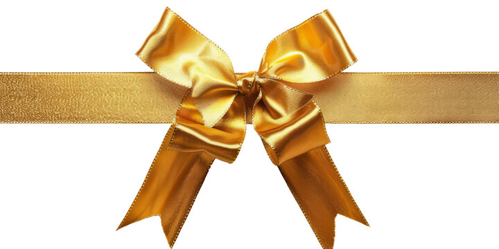 A shiny and elegant image of a golden ribbon with a knot and a bow, isolated on a plain white background.