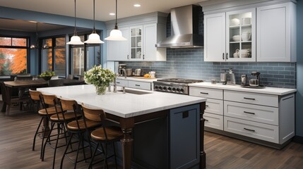 Fototapeta premium A stylish kitchen with warm white cabinets and twilight blue countertops