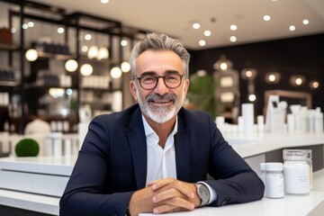 Fototapeta premium Cheerful senior gray-haired representative of pharmaceutical company wearing glasses at exhibition