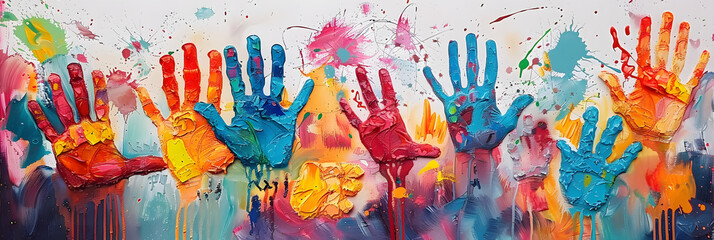 children's hands in paint, paint drawings -
