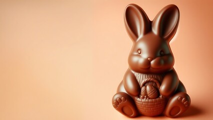 cute chocolate easter bunny with eggs on peach background