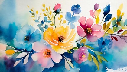 Watercolor illustration of colorful flowers. Floral abstract art. Spring season.