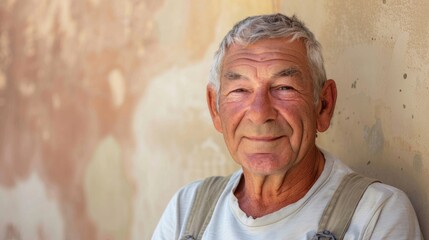 An elderly man with white hair and a smile wearing a white shirt with suspenders leaning against a peeling beige wall.