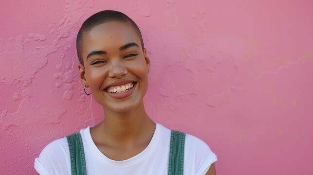 Smiling woman with short hair wearing white t-shirt and green suspenders against pink textured wall.