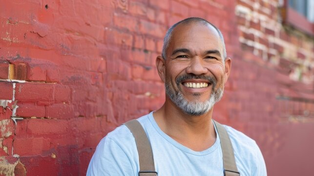 Smiling man with gray beard and hair wearing blue shirt and suspenders standing in front of red brick wall with peeling paint.