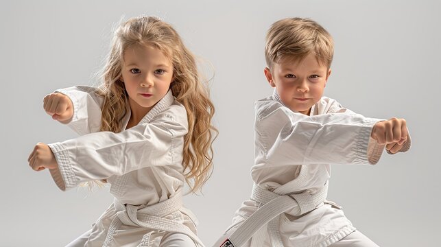 a 6 year old boy and girl making a dynamic karate pose, wearing a karate uniform, full body, white belt, on a white background