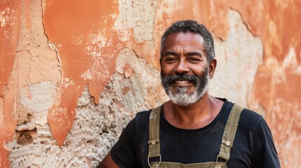 A man with a gray beard and mustache wearing a black shirt and suspenders stands against a peeling orange wall with a smile on his face.
