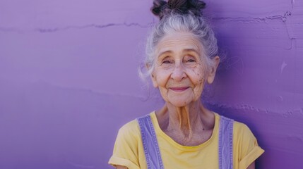 An elderly woman with white hair smiling wearing a yellow shirt and denim overalls leaning against a purple wall.