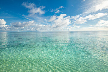 Crystal clear sea water bay. Pristine ocean lagoon sunny cloudy sky, idyllic relaxing seascape....