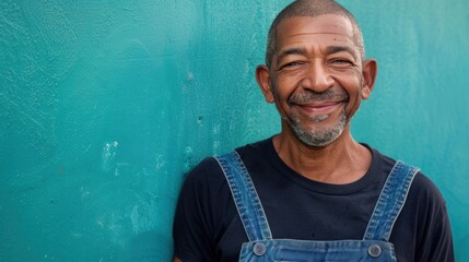 Smiling man in blue overalls against teal background.