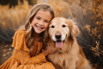 Cute blonde girl in a dress hugs her beloved red-haired kind retriever dog outdoors