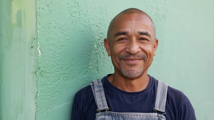 Smiling man with short hair and beard wearing blue overalls standing against a textured green wall. - obrazy, fototapety, plakaty