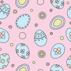 Blue easter eggs.Seamless festive spring pattern. Happy and positive wrapping or background for holidays.Eggs seamless pattern.Pastel colors.Pink background