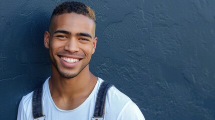 Smiling young man with short hair wearing a white t-shirt and suspenders standing against a textured blue wall.