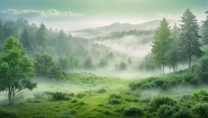 photo of a forest view with lots of misty green trees in the morning made by AI generative